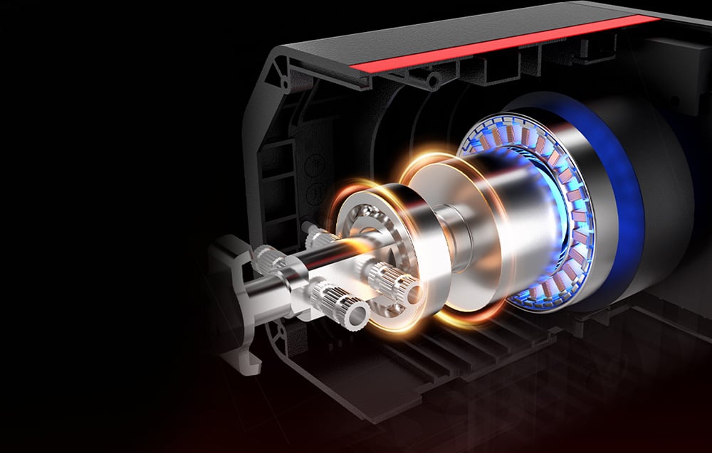 Technical visualization of the steering wheel's motor interior with illuminated mechanical components and blue accents