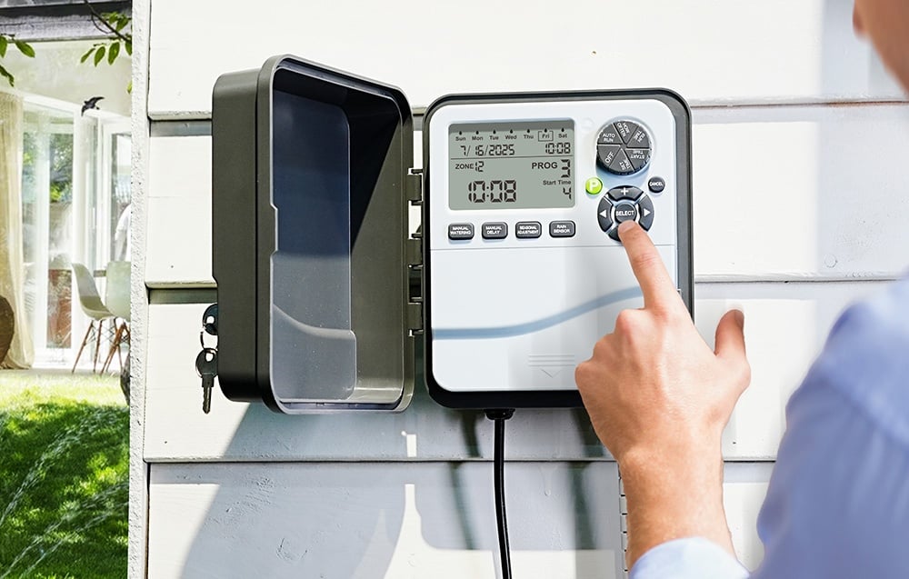 Person operating RainPoint controller mounted on the wall, with the cover open and the control panel visible.