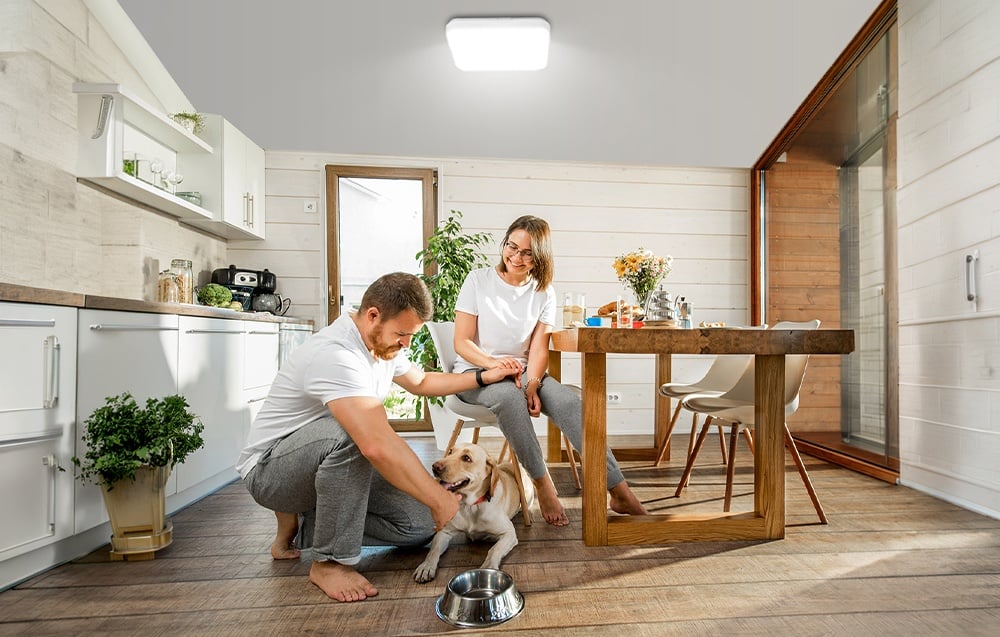 A smiling woman sits at the kitchen table, while a man plays with a dog next to her