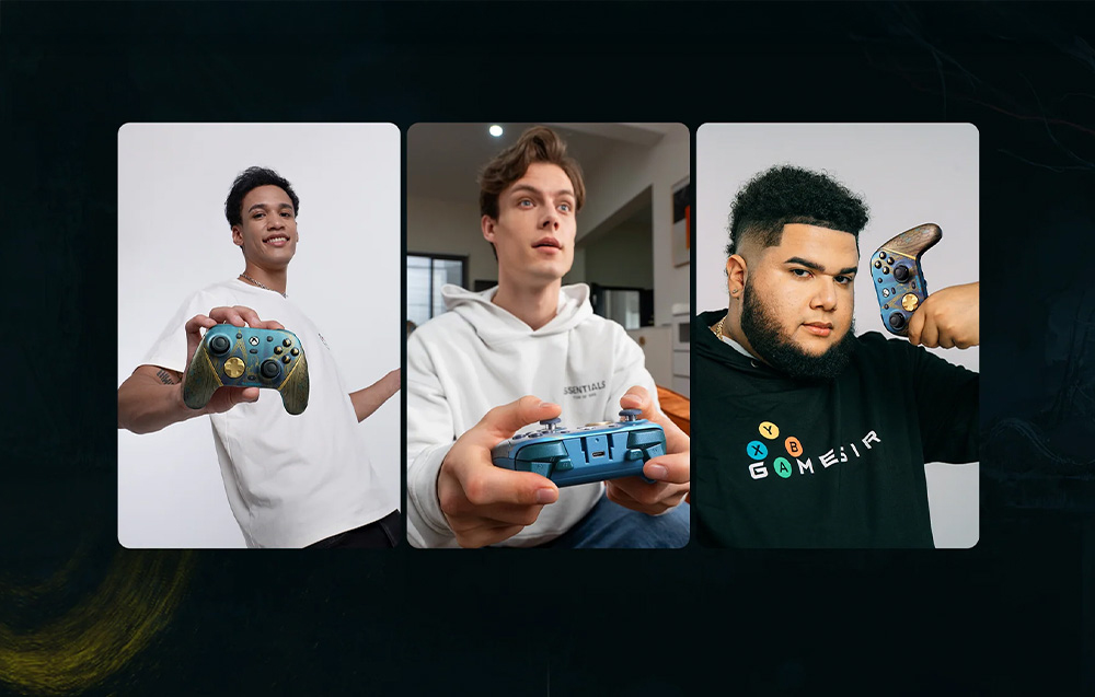 Three men presenting game controllers in different shots, two holding the controller in their hands, one putting it to his head