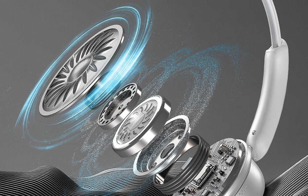 Close-up of the interior of the headphones with a view of the drivers