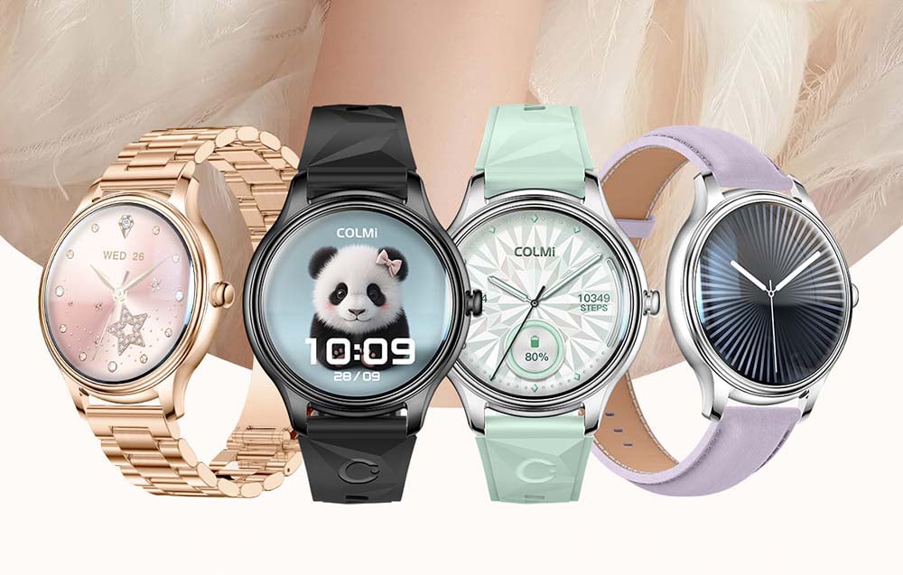 A set of four COLMI smartwatch models: gold on a bracelet, black with panda graphics, mint with a geometric strap, and silver with a purple strap.