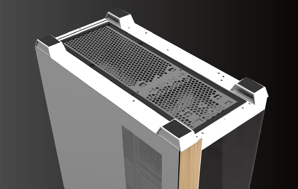 The Darkflash DS900W computer case shown from the top, where its dust cover is visible.