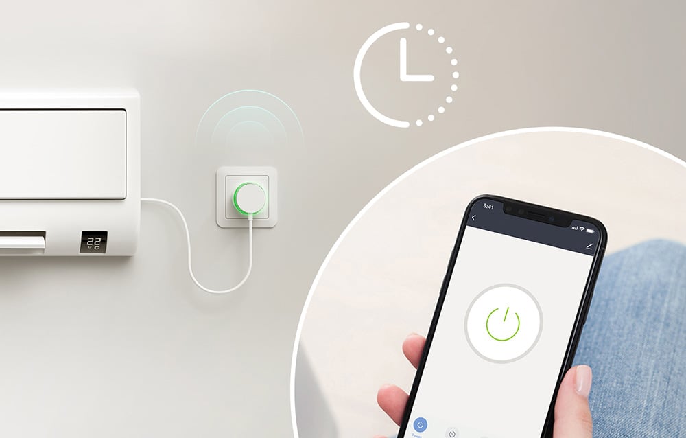 Air conditioner connected to a smart socket controlled by a smartphone app with a large power button