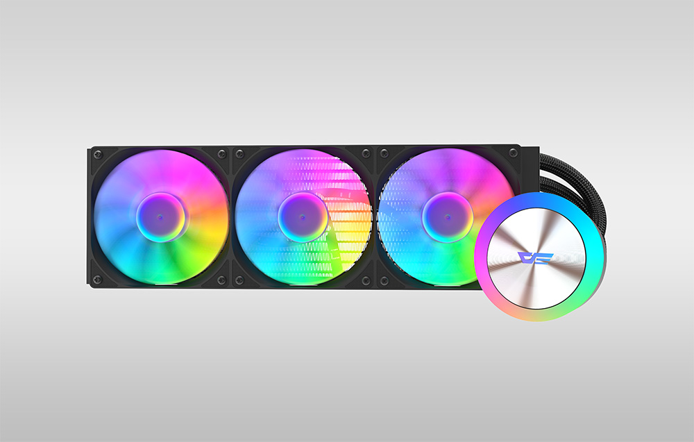Front view of a black CPU liquid cooler with three ARGB fans and a backlit pump