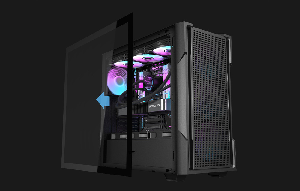 Darkflash DS900 Mesh computer case with offset tempered glass side panel.