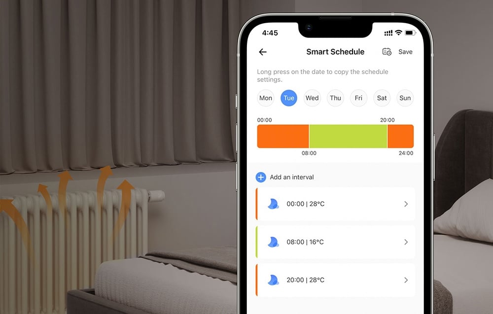 A smartphone with the scheduling feature enabled, a bedroom in the background