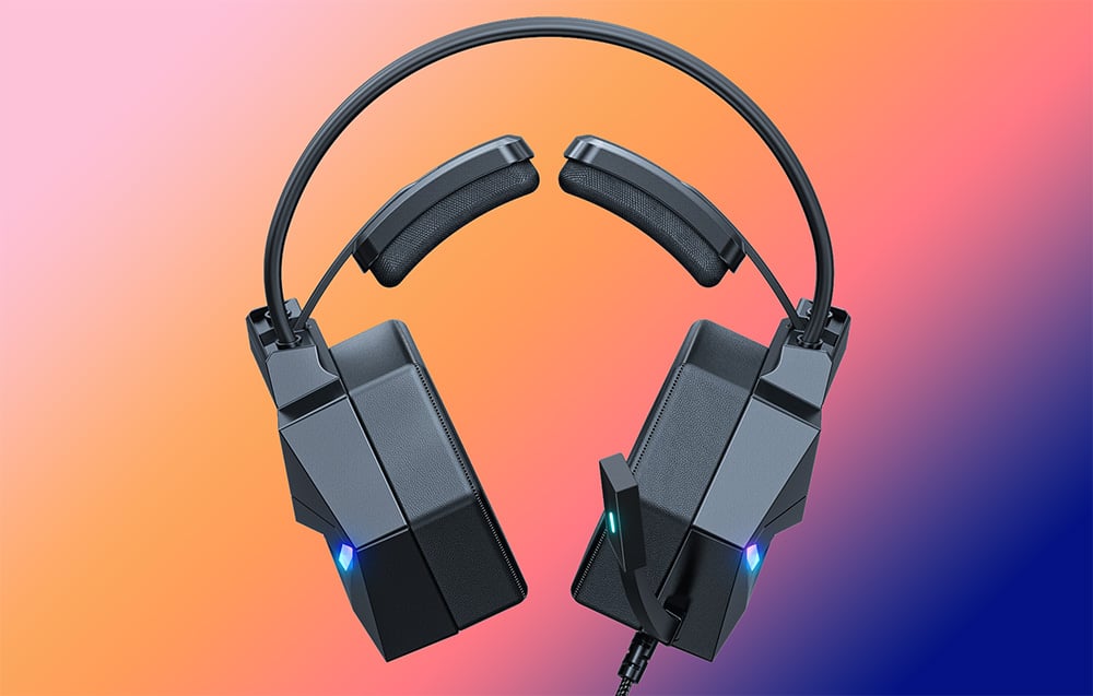 Black gaming headphones on a gradient background