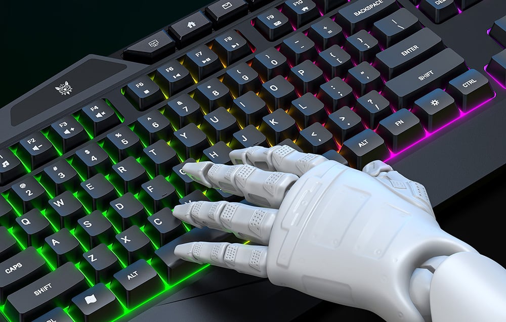 Close-up of the keyboard with colored backlighting, showing a robot’s hand