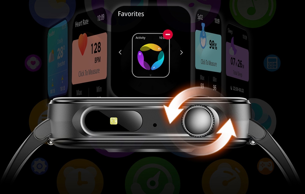 Smartwatch with crown and functions displayed on black background.