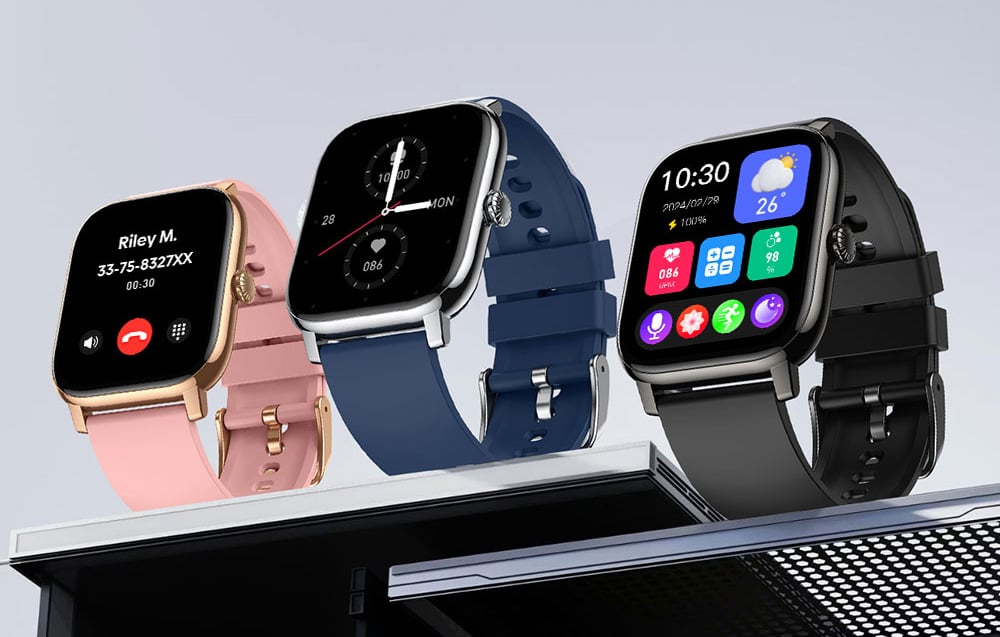 Three Zeblaze smartwatches in pink, navy blue, and black displayed side by side
