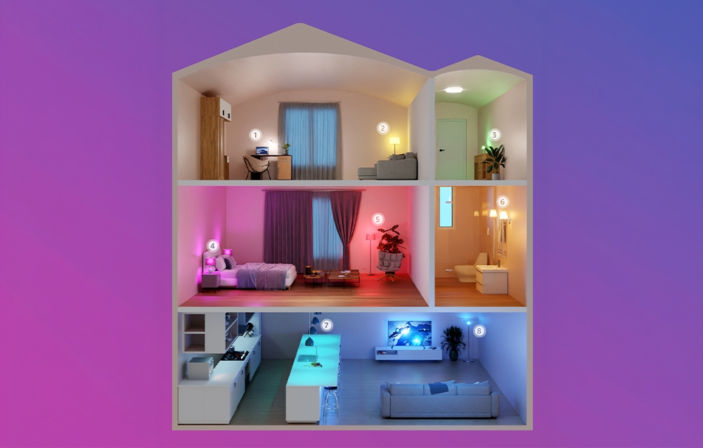 A cross-section of a house with rooms lit in various colors (pink, green, blue, warm white).