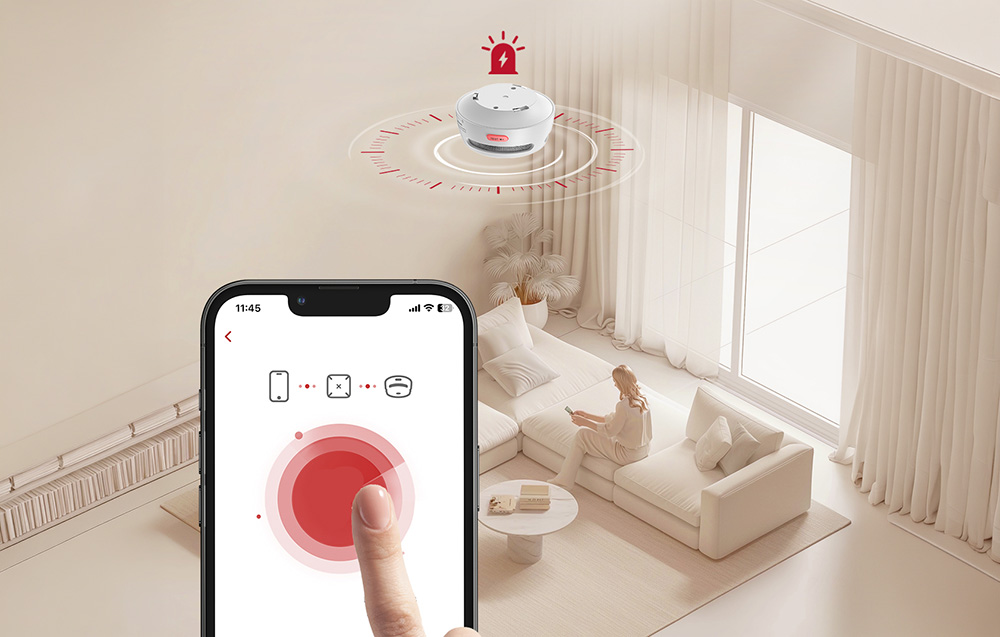 Smartphone screen with an app displaying an alarm from a ceiling-mounted detector in a bright living room