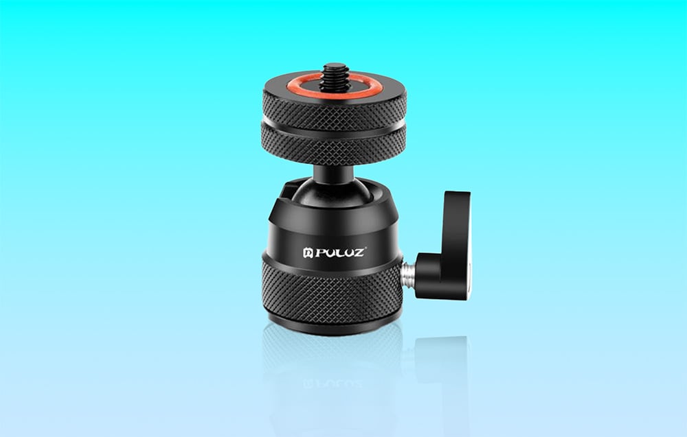 Black PULUZ ball head with orange accent on turquoise background