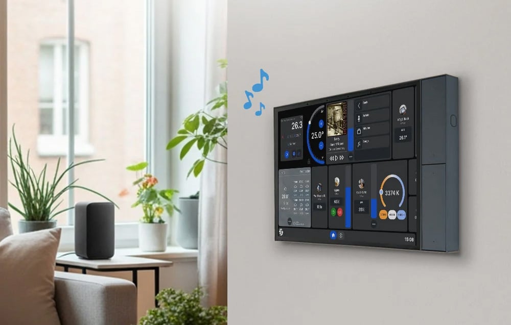 Black smart home touch panel on wall in living room with speaker and plants