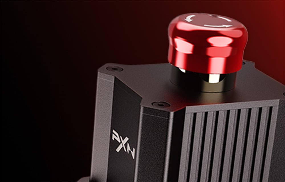 Close-up of a black PXN module with a red emergency stop button on a red-and-black background