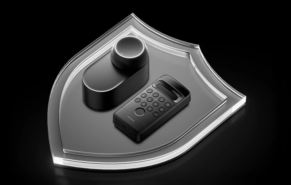 Black SwitchBot lock and keypad placed on a transparent shield symbolizing home security