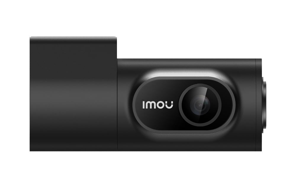 Black Imou dashcam with visible lens, front view on a white background