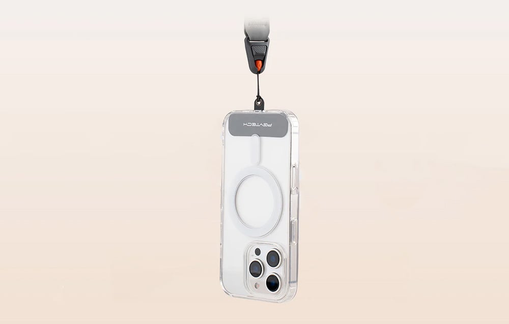 An iPhone, which is mounted to the neck strap