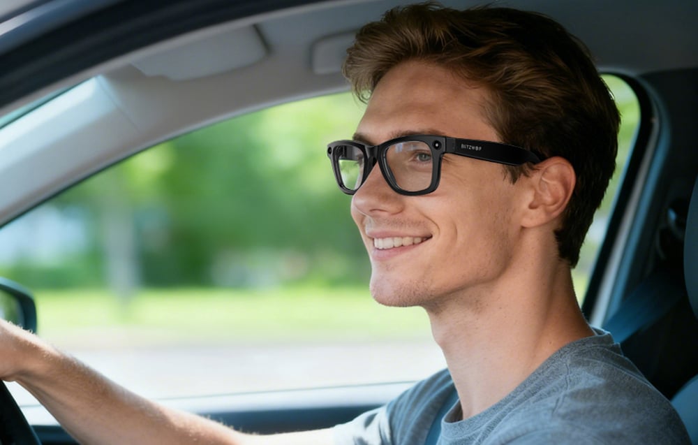 A smiling man wearing glasses is driving a car