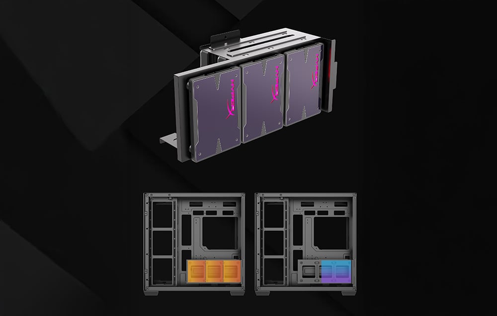 Hard drive mounting configurations in a PC case on a black background