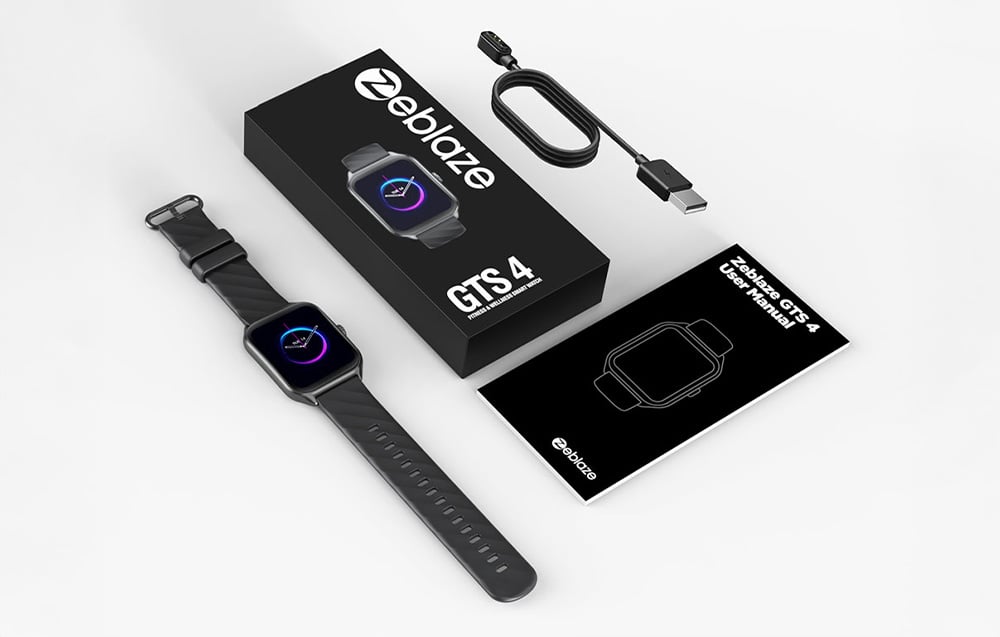 Zeblaze kit showing the smartwatch with strap, box, charging cable and user manual