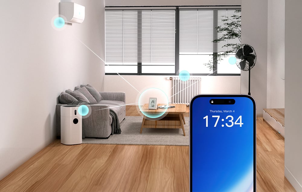 The living room has air conditioning and an air purifier automatically controlled by a temperature and humidity sensor.