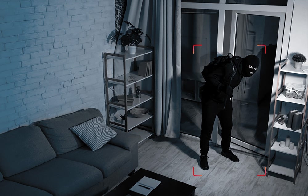 A thief wearing a black balaclava entering the living room through a window at night, framed by a red motion-detection outline.