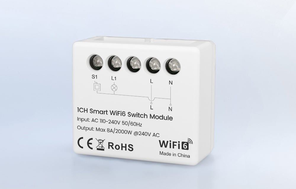 Smart switch module on a light background, shown from the front with markings