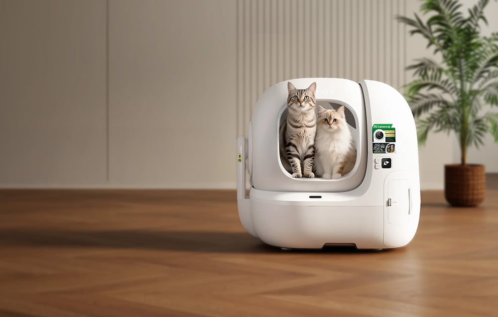 Two cats sitting inside a white PETKIT automatic litter box equipped with an AI camera