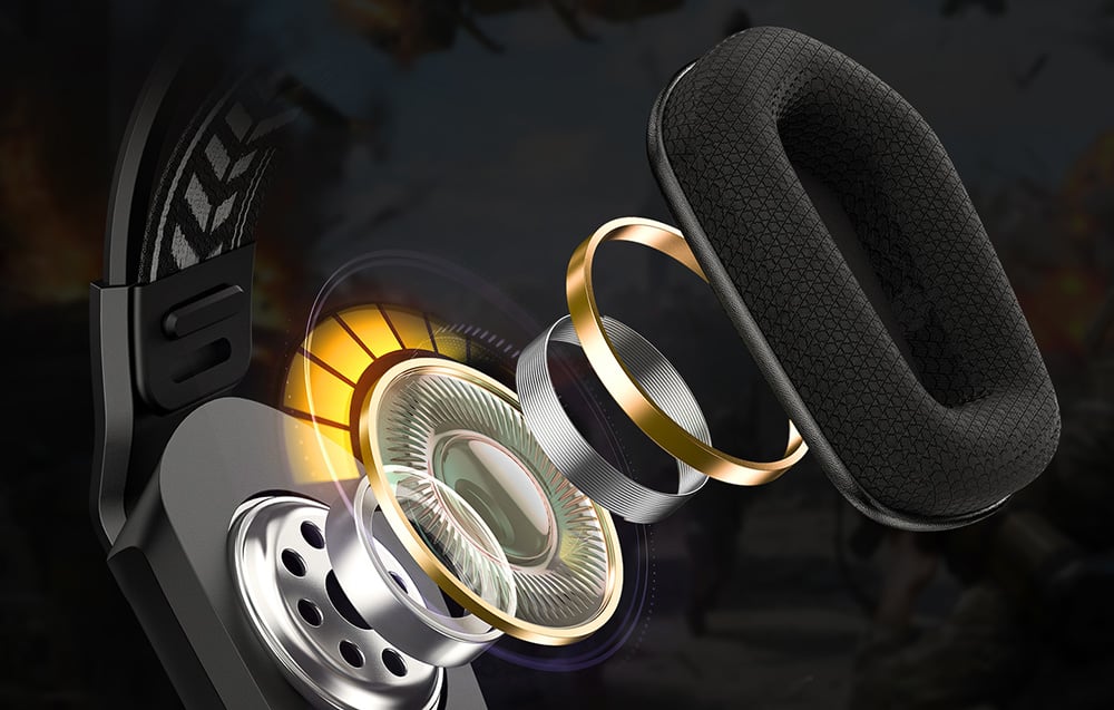 Close-up of the inside of the headphones with a view of the drivers