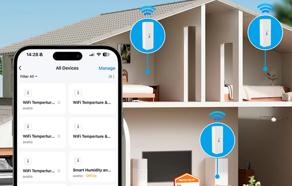 Diagram of a house with three temperature and humidity sensors in different rooms marked and a smartphone showing a list of connected devices