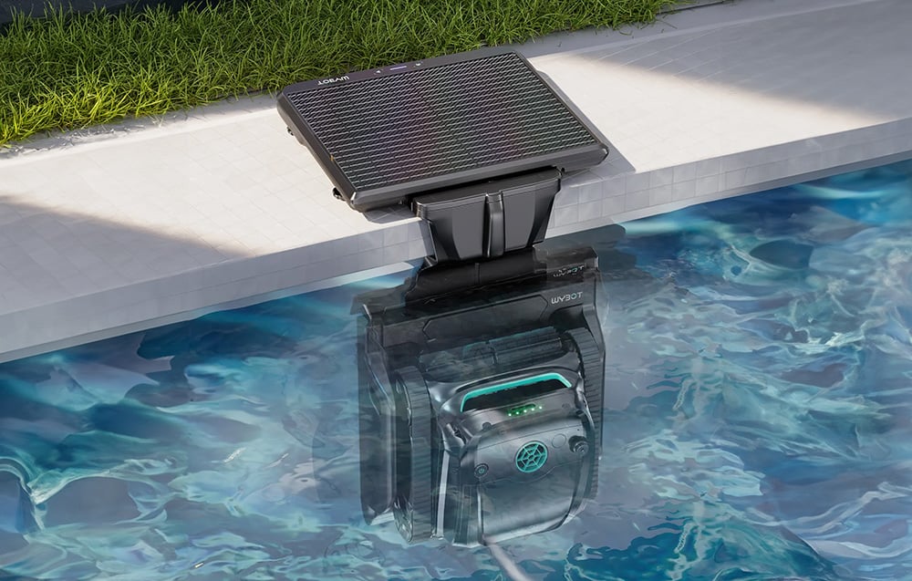 WYBOT pool robot that charges from a docking station at the edge of the pool