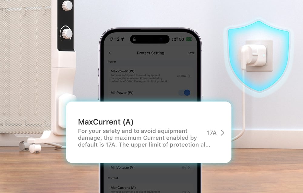 A smartphone showing a notification, with a device plugged into an outlet in the background