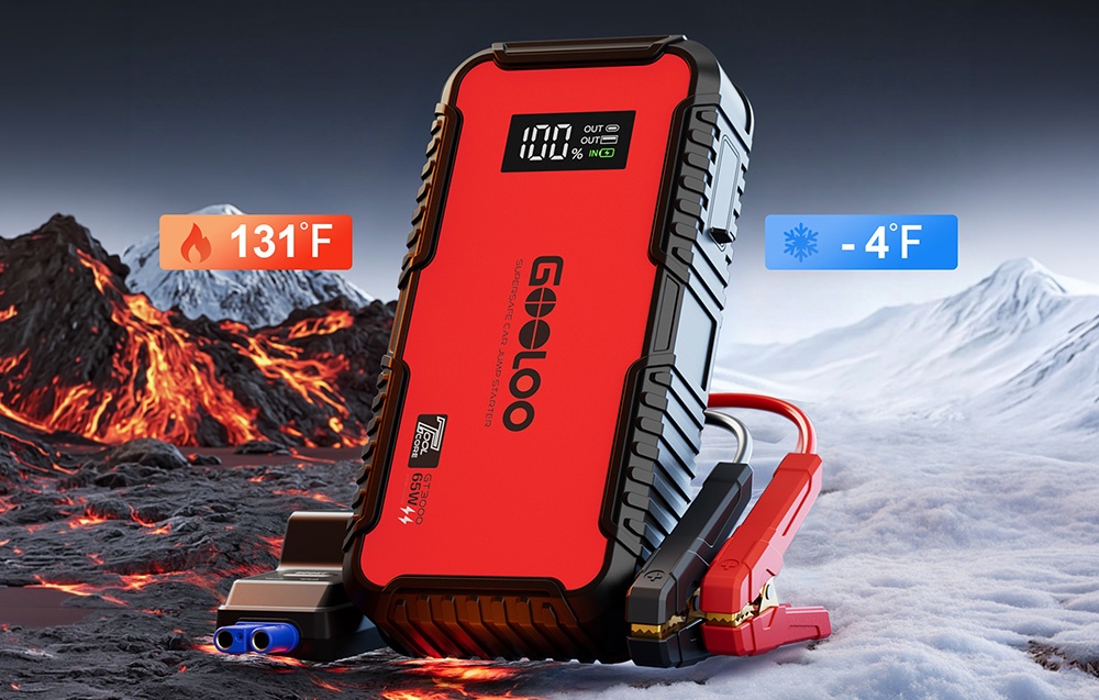Car starter against a background of a hot and cold landscape with temperature markings