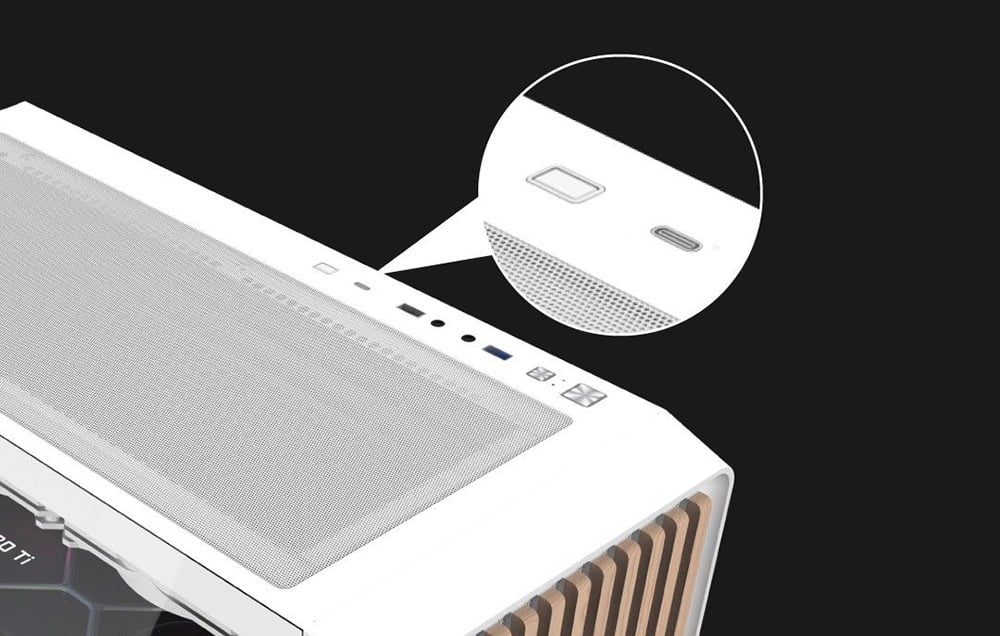 Close-up of the ports and buttons of the white computer case.
