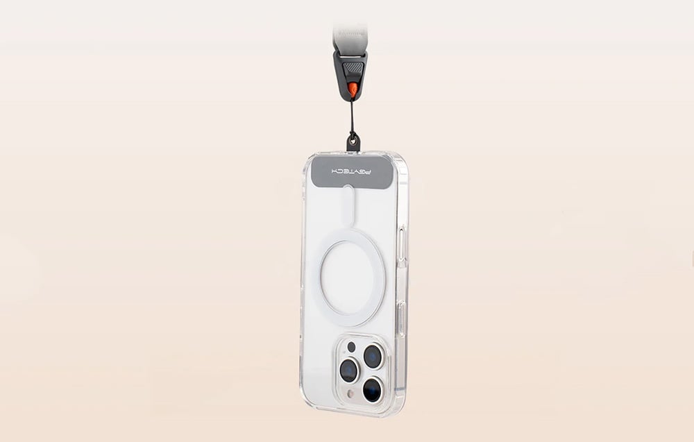 An iPhone mounted to a PGYTECH strap