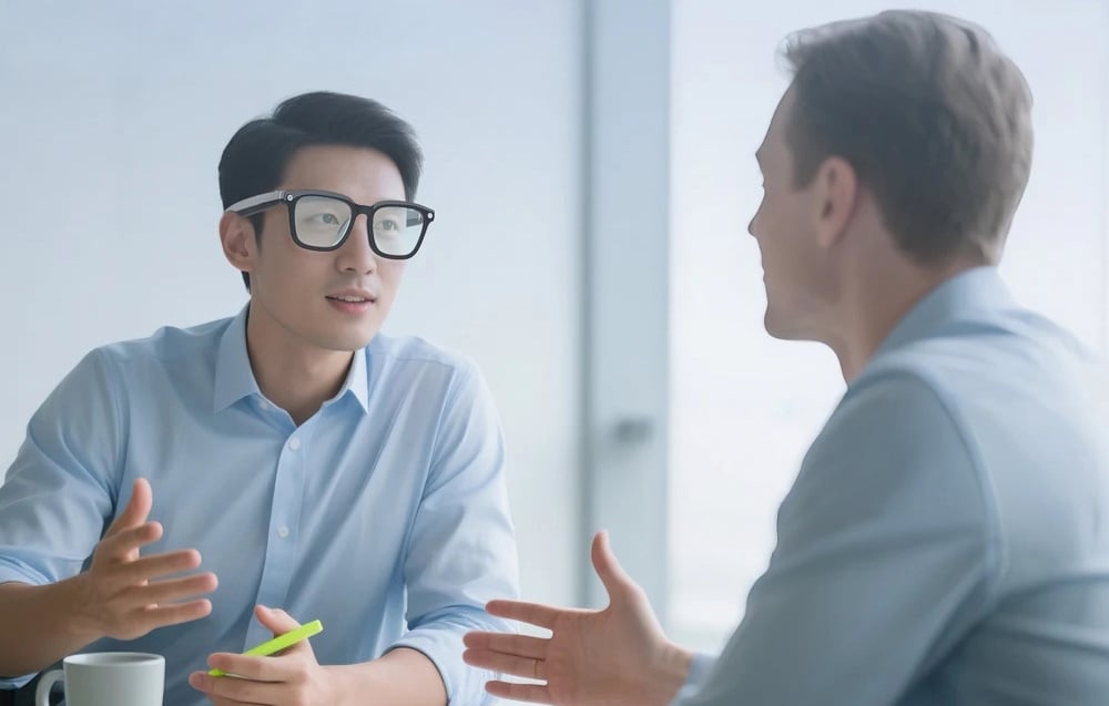 Two men talking at a table, one of them wearing smart glasses with transparent lenses.