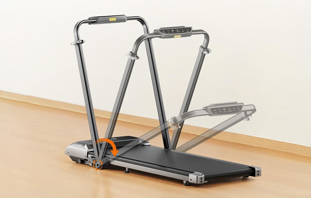 A treadmill on a bright floor with an adjustable handle