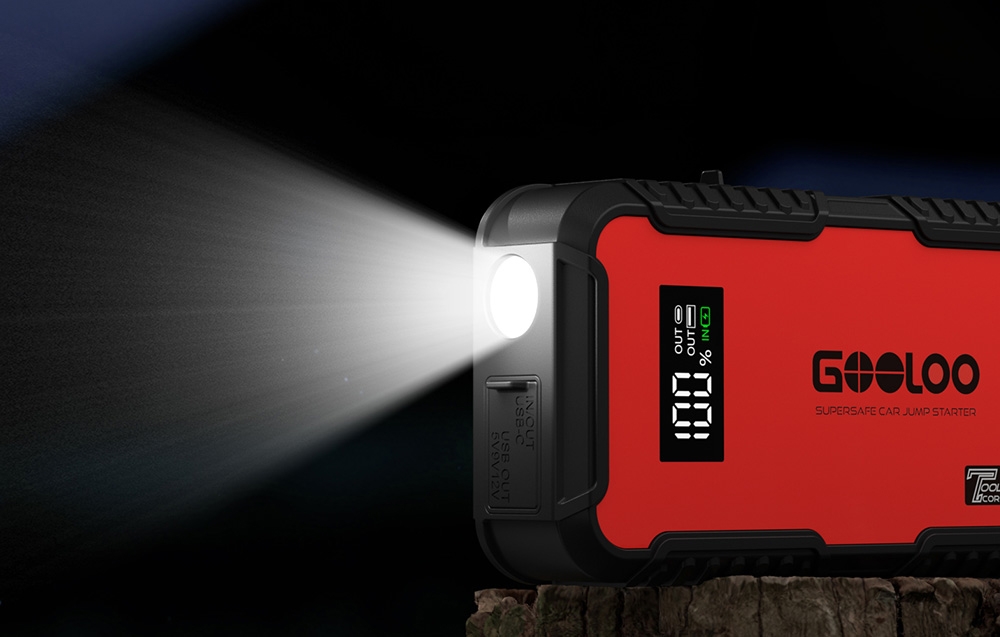 Car starter with a flashlight turned on, glowing in the dark