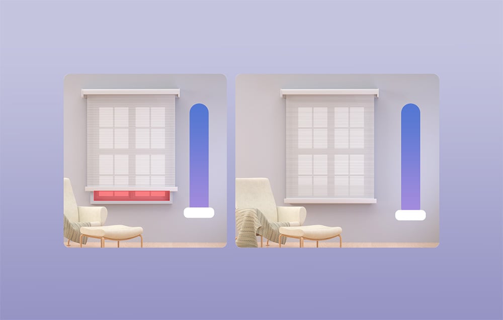Comparison of two rooms with window blinds in different positions with an armchair and lamp