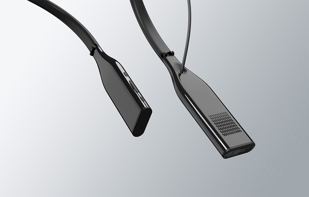 Side view of two neckband devices with buttons and vents on a bright background