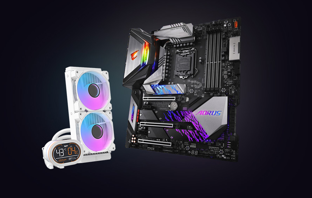 A white water cooling system with ARGB lighting displayed next to a black computer motherboard