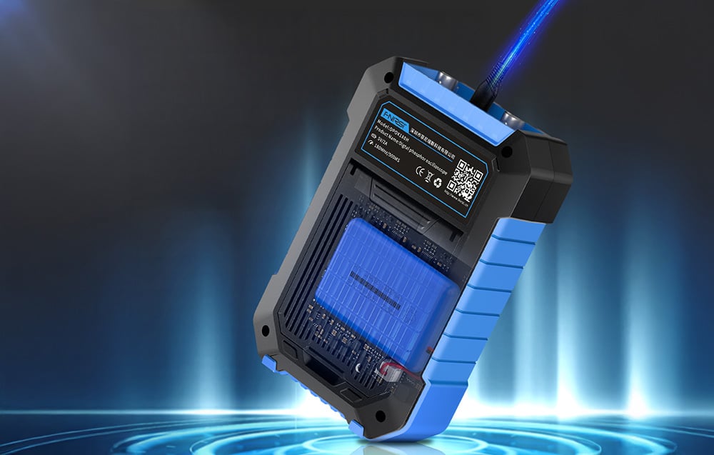 The back of the oscilloscope with an information label and QR code against a futuristic blue glow