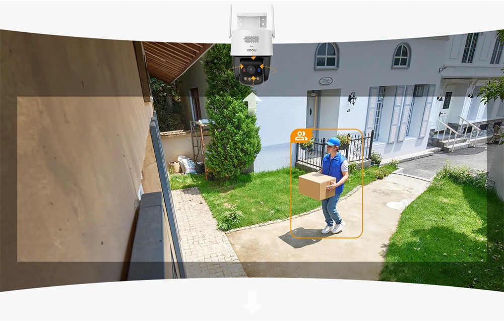 The front yard with a courier in an orange frame; at the top, a camera graphic with the rotation range highlighted