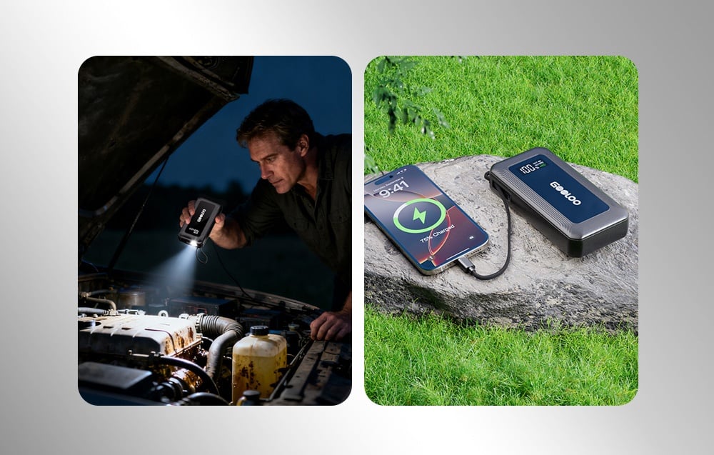 A man uses the starter’s flashlight to illuminate the interior of a car engine at night. The starter is charging a smartphone