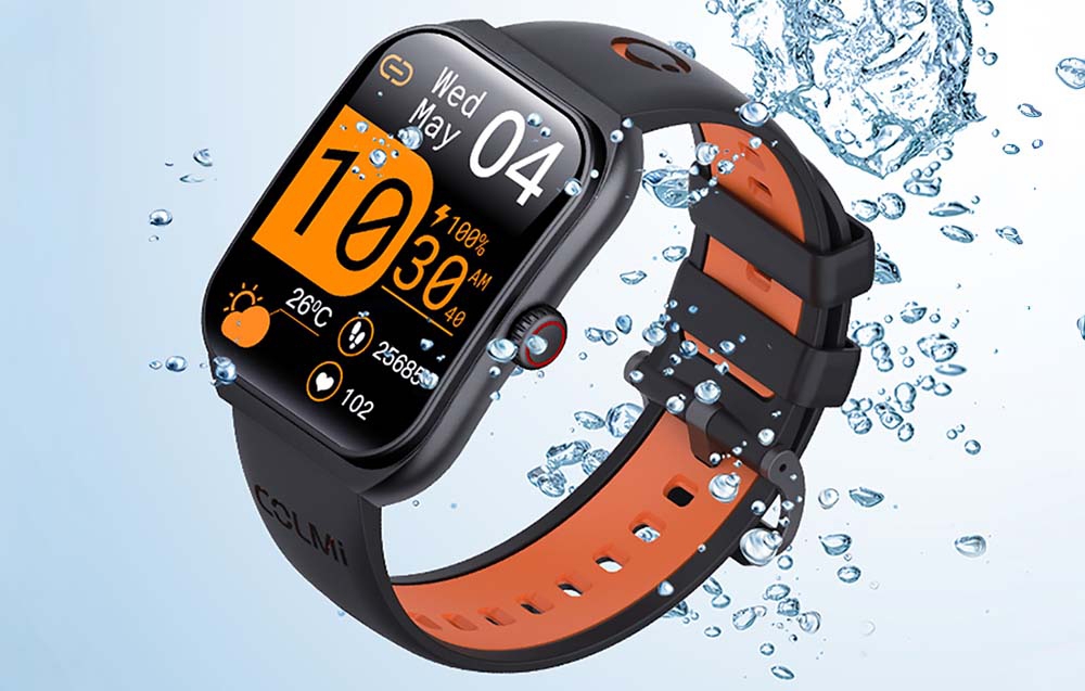 Orange and black smartwatch under water.