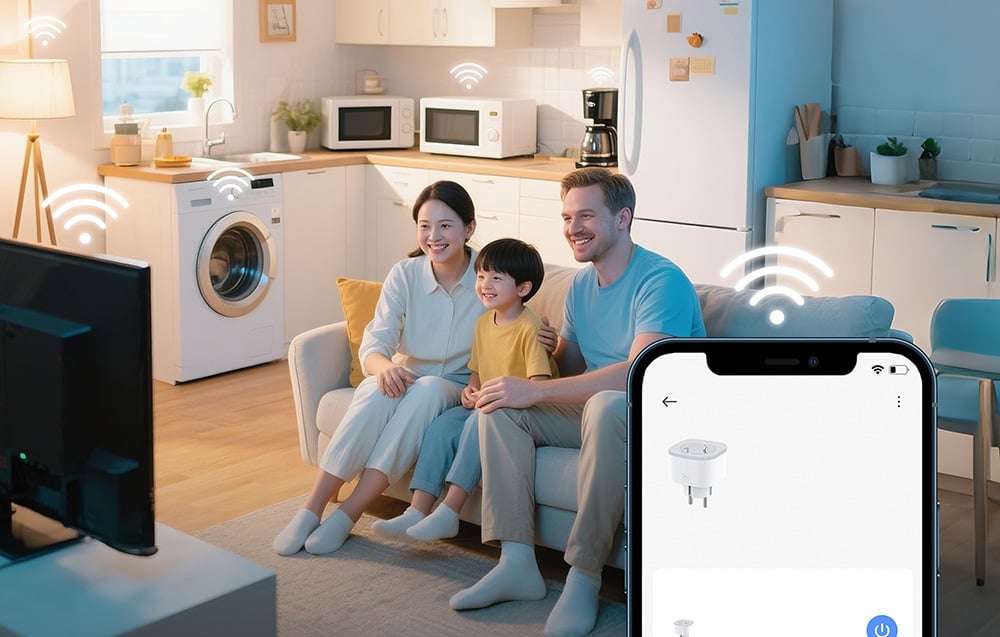 A smiling family sits on a couch in the kitchen, surrounded by Wi-Fi icons indicating remote control of appliances via an app visible on a smartphone