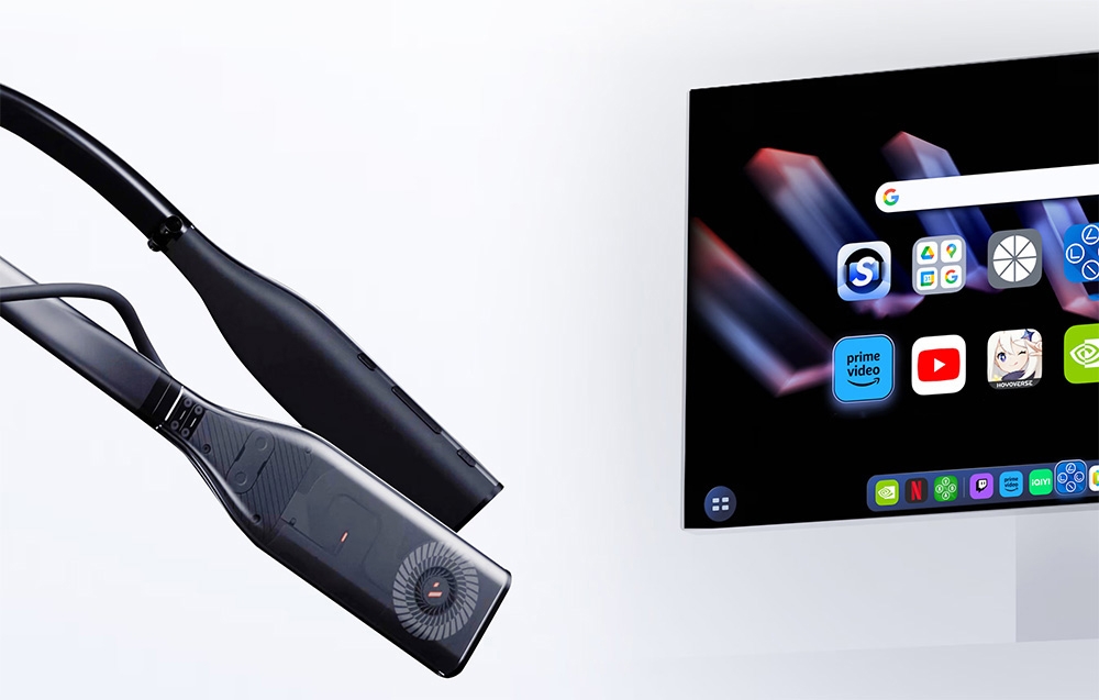 Close-up of a black neckband device next to a screen with an interface for apps such as YouTube and Prime Video