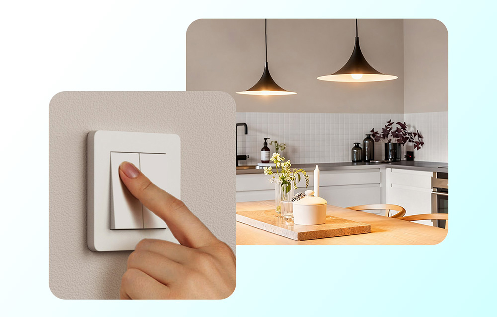 Close-up of a finger pressing a classic light switch and an illuminated dining room in the background